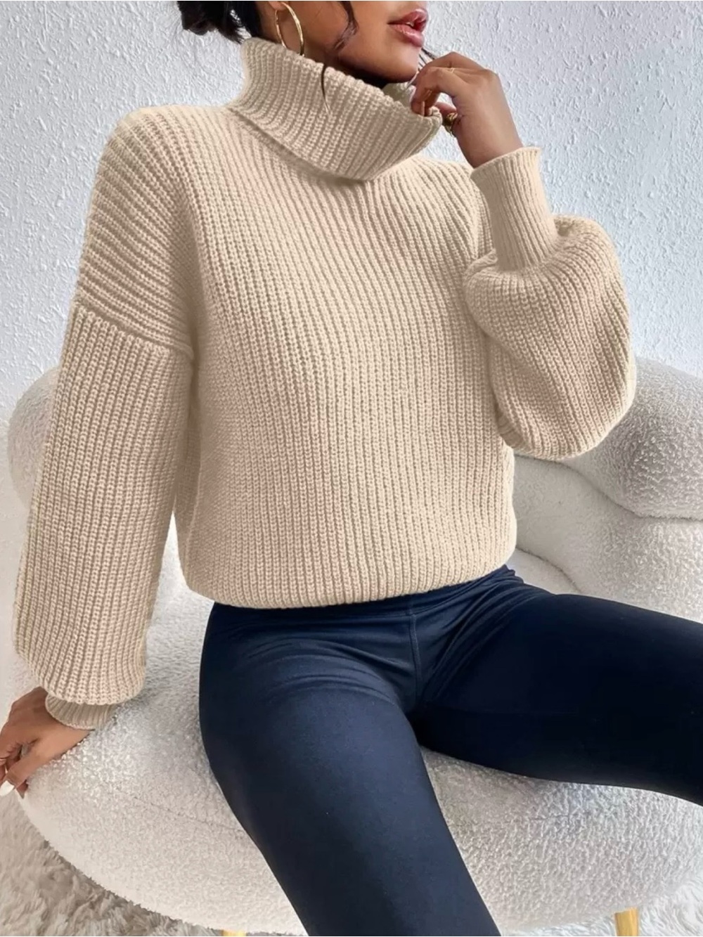 Cream Turtleneck Ribbed Knit Sweater - Women